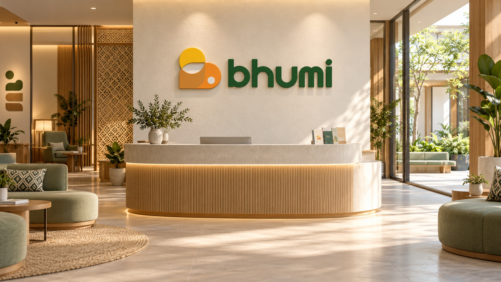 Conceptual BHUMI family-care reception with original-brand-inspired signage, timber and Indonesian craft details