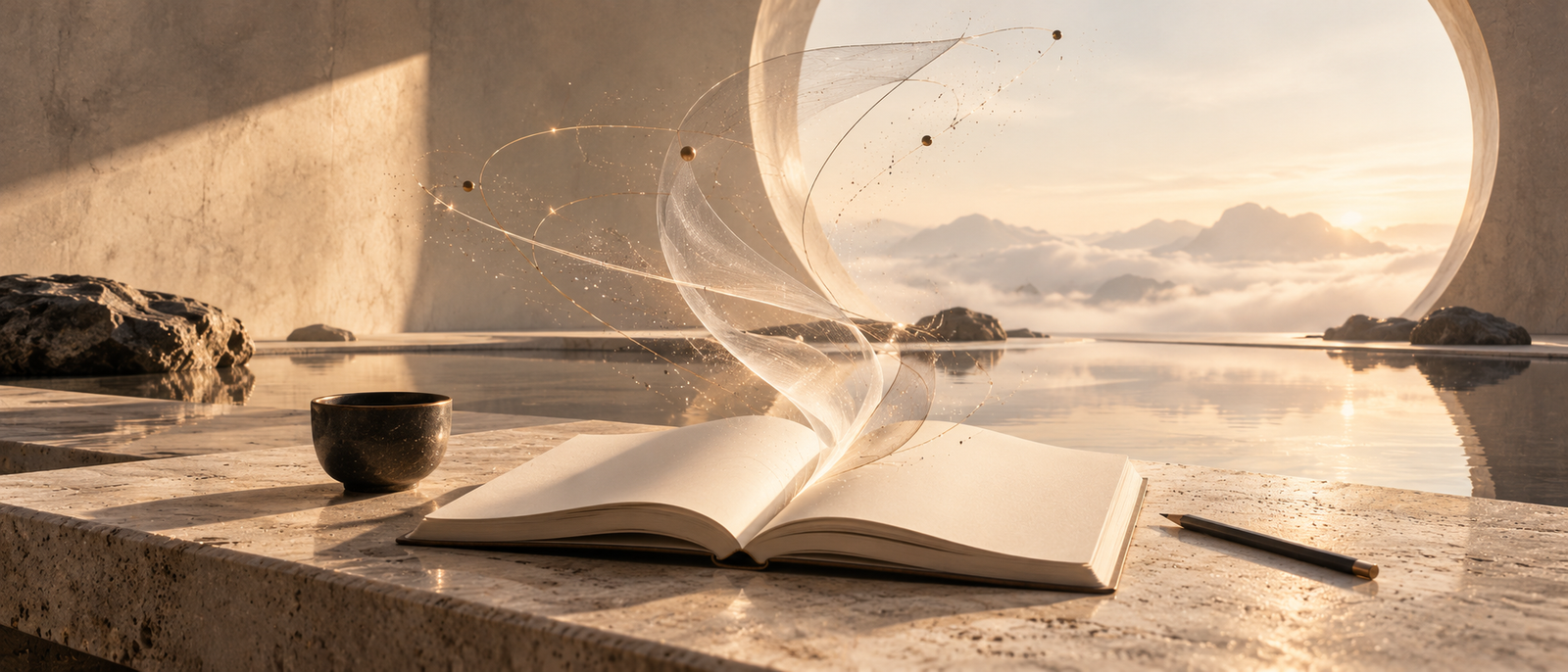 An open notebook on a stone table, with a translucent ribbon and delicate orbits rising toward a sunlit architectural horizon