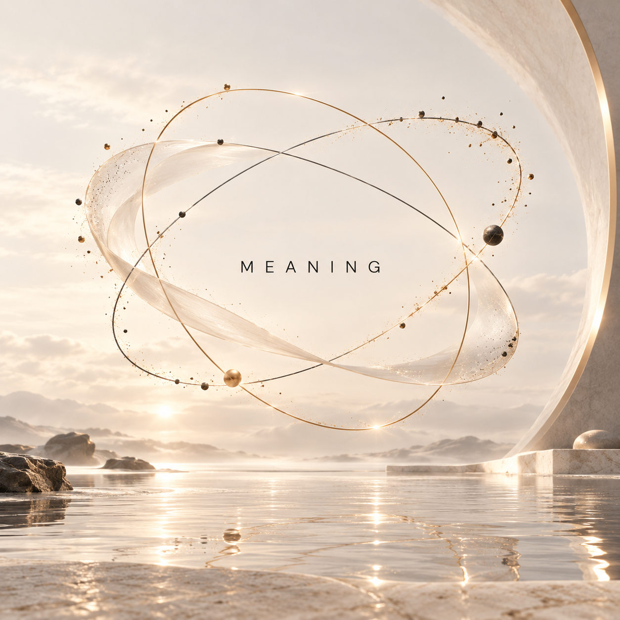 Meaning at the centre of three sculptural orbits, with an ivory ribbon and warm reflections