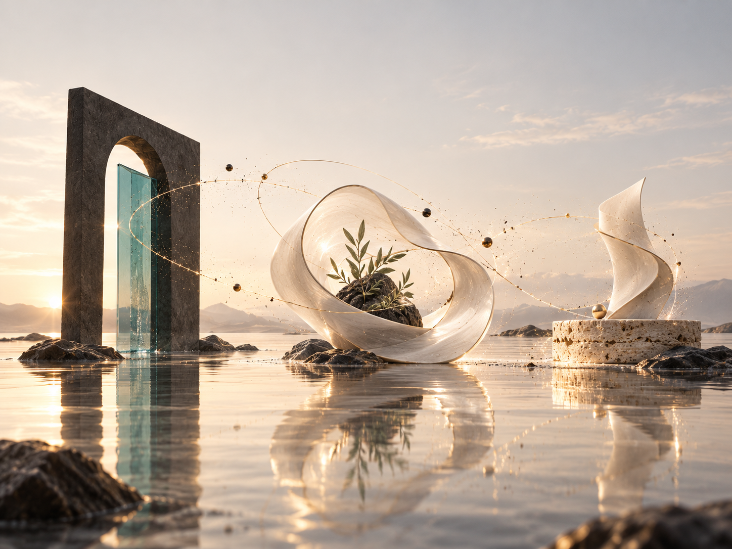 Surreal architectural portal, living ivory ribbon and folded sculpture connected by golden orbits across reflective water
