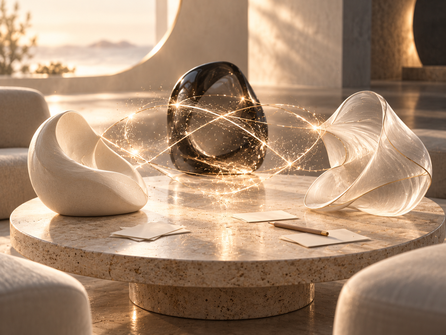 Three sculptural forms connected by luminous orbital threads around a conversation table, a surreal metaphor for listening and exchanging ideas