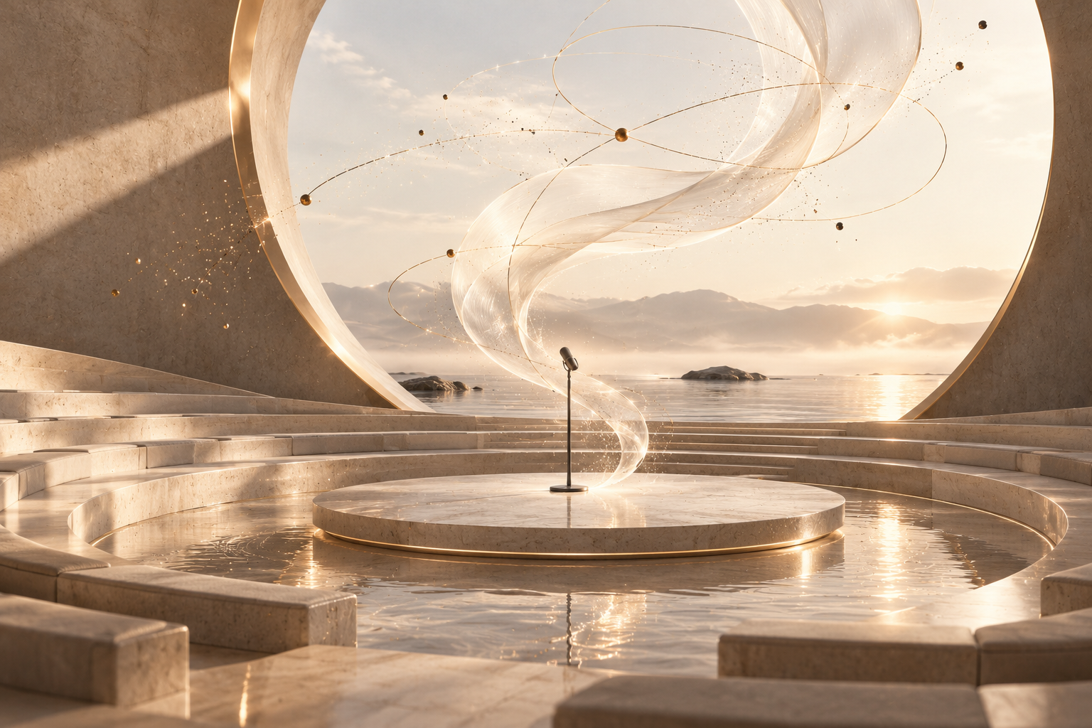 Conceptual ivory amphitheatre with a microphone and translucent ribbons of sound rising into delicate golden orbits